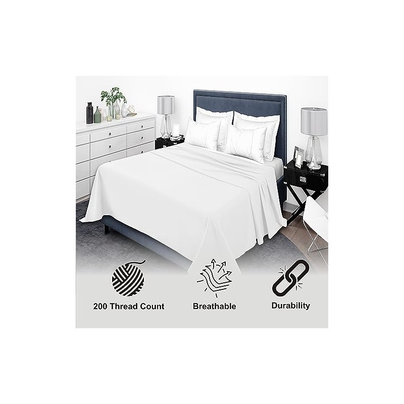 100% Egyption Cotton 200 Thread Count Flat Sheets (White, Double)