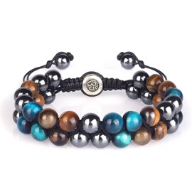 Triple Protection Bracelet 8mm Stone Beads Bracelet Healing Crystals Tigers Eye black Obsidian and Hematite Beads Bracelets for Men Women Bring Luck, Prosperity and Happiness (Blue Tiger Eyes)