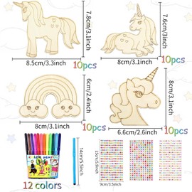 SOETDERT Pack of 40 Unicorn Craft Set, Wooden Unicorn Craft Set for Painting, DIY Unicorn Wood Decoration, Unicorn Girls Children's Birthday, Unicorn for Painting with Rhinestones + Watercolour Pen