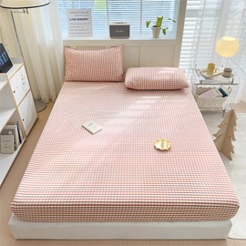 Pink Gingham Fitted Sheet Queen 100% Washed Cotton Grid Bottom Sheet 1 Piece Gingham Bedding Plaid Fitted Sheet with 15" Deep Pocket Farmhouse Bed Sheet Breathable Mattress Cover for Girls Women
