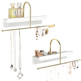 J JACKCUBE DESIGN Gold and White Wall Mounted Hanging Jewelry Organizer Holder Set of 2 for Necklaces, Rings, Bracelets and Earrings with White Display Shelf- MK692A
