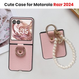 Moto Razr 2024 Case for Women & Girls - Cute Bling Ring Design, Anti-Scratch Shockproof PU Leather Pink Case