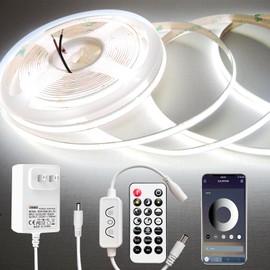 QEUAEC Dimmable Bright White 24v COB LED Strip Light CRI 93+ with APP & Remote Control,Timer and 36W Power Supply,16.4ft Led Tape Light for Home Office Indoor Lighting Decor(6000K Cool White)