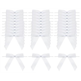 Penta Angel Twist Tie Bows for Treat Bags 30Pcs 2.5” Premade Satin Ribbon Bows Flowers Decorations for Craft Gift Wrapping Birthday Wedding Christmas Party Favors Decor (White)