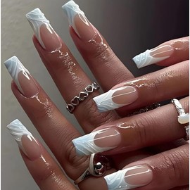 Ocean Gradient French Tips Press on Nails Long Coffin Summer Blue White French Tip with 5D Embossed Shell Designs White Ombre Glossy Full Cover Fake Nails for Women Daily Wear 24Pcs