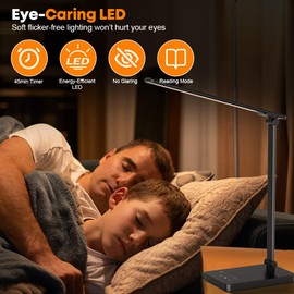 Desk Lamp Eye-Caring LED Table Lamp Dimmable Bedside Lamp with 2 USB Charging Ports and 10 Brightness Levels x 5 Colour Modes Touch Control Daylight Lamp for Office, Bedside, Reading- Auto Timer