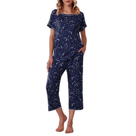 Ekouaer Women's Capri Pajama Sets Floral Print Short Sleeve Sleepwear Top and Capri Pants 2 Piece Loungewear with Pockets Navy Blue Stars S