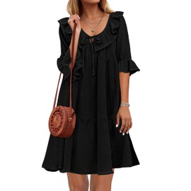 Womens Summer T Shirt Dress 2025 Casual Classic Solid Tie Front Ruffle Tiered Swing Short Dress