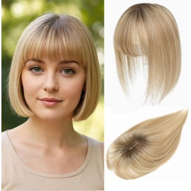 Hair Toppers for Women Real Human Hair with Bangs, Hand Stitched 360° 3D Coverage, Natural for Thinning Hair, Hairpieces for Women Topper (Medium Brown to Creamy Iced Blonde)
