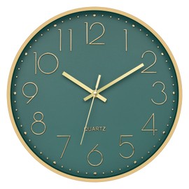 Foxtop Modern Wall Clock 12 Inch Silent Non Ticking Battery Operated Round Quartz Gold Wall Clock for Living Room Bedroom Kitchen Office Classroom Decor (Dark Green Dial)