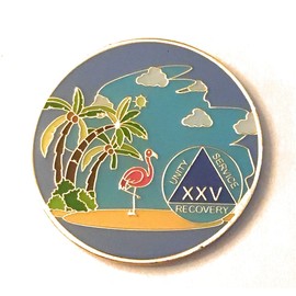 25 Year AA, Alcoholics Anonymous Beach Medallion, Chip, Token, Blue, Palm Tree with Flamingo
