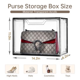 Purse Organizer for Closet,Clear Acrylic Display Case for Handbag Organizer, Purse Storage Box with Magnetic Door, Dustproof Storage Bins for Book, Collectibles, Cosmetic (Grey, 5)