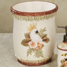 Garden Tropics Wastebasket | Cockatoo and Toucan Bird Designs | Tropical Style Trash Can for Bathroom | Dimensional Accessory
