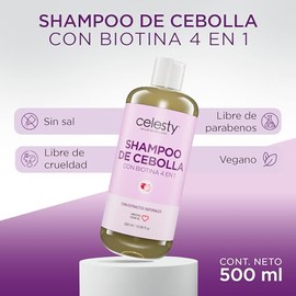 CELESTY | Shampoo sin Sulfatos y Parabenos - Shampoo De Cebolla Con Biotina | Antioxidante Sin Sal - Vegano Ideal para el Cuidado del Cabello Limpio y Saludable - Para Todo Tipo de Cabello | 500ml