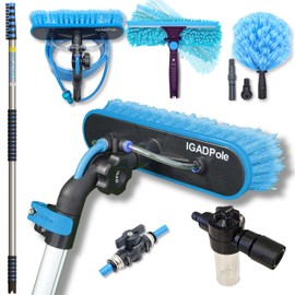 IGADPole 28ft(8.8m) Washing Kit: Water-fed Brush, Cobweb Duster and 10”(25cm) Squeegee and Soap Dispenser, Window Cleaning Pole, Water Fed Telescopic Brush, Window Cleaner Kit, Blue