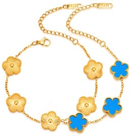 FLY FEI 18K Gold-Plated Four Leaf Clover Bracelet for Women,Adjustable lucky Bracelet Set Jewelry Gift-Hypoallergenic Charm for Birthdays, Wellness & Daily Wear(style03-Gold+Blue(2pcs))