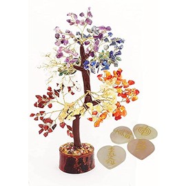 Seven Chakra Tree Feng Shui Bonsai Astro Vastu Numero Crystal Good Luck Tree Wealth & Prosperity Spiritual Gift & Rose Quartz Symbolic Palm Stone Set of 4, 300 Crystal Beads Table Décor