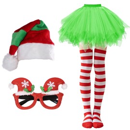 NUMJAW Christmas Costume Set with Santa Hat, Tutu Skirt, Striped Tights, Glitter Glasses for Women