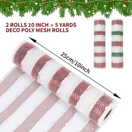 2 Rolls Christmas Deco Poly Mesh Ribbons, 10 Inch × 5 Yards Christmas Mesh Ribbon Red White Green Stripe Mesh Metallic Winter Foil Decomesh Roll for Xmas Tree Wreath Making DIY Swag Bows Garland