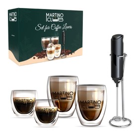 Double Wall Glass Coffee Mugs - Glass Espresso Cups with Handle - Insulated Coffee Cup - Clear Coffee Mugs Set of 4 - Glass Cups Set for Latte, Cappuccino, Tea and a Milk Frother (5 Oz, 11 Oz)