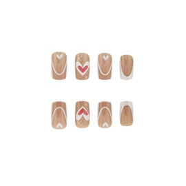 SINHOT Valentines Day Press on Nails Medium Square Fake Nails Glossy Glue on Nails Pink White Love Heart Acrylic Nail French Tip Squoval Artificial Nail False Nail with Design 24 pcs