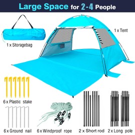 DLUCKY Beach Tent for 1/2-3/4 Person,Anti-UV Portable Sun Shade ShelterUPF 50+,Both Sides Extendable Floor,Extendable Awning,with 2 Ventilating Mesh Windows,Lightweight & Easy Setup.