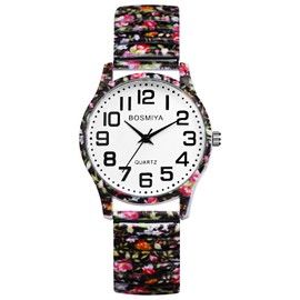 Lancardo Women Stretch Band Watch: Bohemia Flower Elastic Strap Analog Quartz Big Number White Dial Wristwatch Easy to Read Valentine's Day Birthday