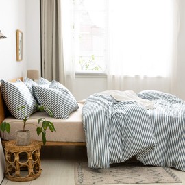 JELLYMONI 100% Natural Cotton 2pcs Striped Duvet Cover Sets,White Duvet Cover with Grayish Blue Stripes Pattern Printed Comforter Cover,with Zipper Closure & Corner Ties(Twin Size)