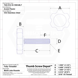 5/16"-18 x 1-1/2" Thumb Screw Stainless Steel - White Multi-Lobe Rosette Plastic Knob - Standard/Coarse Thread Thumbscrew - Length: 1.500" - Proudly Built in USA - Package of (10)