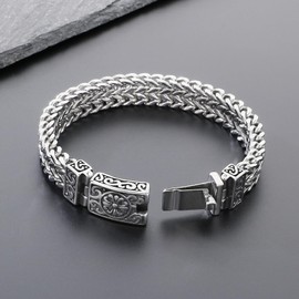 Azubpi Men's 316 Stainless Steel Gothic Viking Bracelet - Flower & Cross Carved, Large Franco Textured Chain
