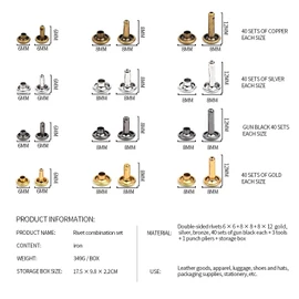 McNory 480 Sets 3 Sizes Leather Rivet Double Cap Rivet Tubular Metal Stud Earrings with 4 Tools Pliers / Setters for DIY Leather Craft Clothing (Silver, Bronze, Gold, Black)