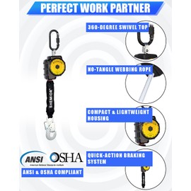Shemior 11FT Self Retracting Lifeline, Swivel Top Self Retractable Safety Lanyard, Web SRL Fall Arrest Protection Gear, ANSI Lightweight Housing, Snap Hook