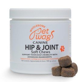Wholesome Pet Wags Dog Hip & Joint Supplement Soft Chews – Advanced Mobility & Comfort Support – Glucosamine, Chondroitin, MSM, Turmeric, Boswellia, Collagen – 60 Count