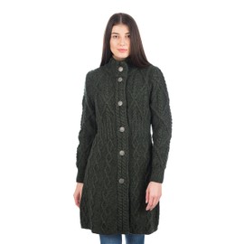 SAOL 100% Merino Wool Irish Cardigan for Women with Celtic Knot Buttons -Aran Long Outdoor Cable Knit Coatigan (Army Green, XX-Large)