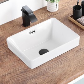 KDKSC Bathroom Vessel Sink 15.5'' x 11.9'' Small Semi Recessed Bathroom Sink Rectangular Drop In Sink with Overflow White Ceramic Modern Vessel Sinks for Bathroom