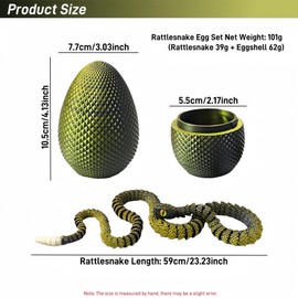 MAYICAL 23" 3D Printed Snake with Egg - Flexible Snake with Luminous Tail, 3D Fake Snake Fidget Toys for Autism/ADHD, 3D Printed Animals Snake Toy for Kids & Adults (BlackGolden)