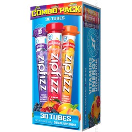 Zip_fizzs Vitamin Energy Hydration Drink Mix, Grape, Fruit Punch, & Peach Mango, 30 Count (Split Box), 100% Daily Vitamin C & B12, Caffeine from Natural Sources, Zero Sugar, Low Calorie