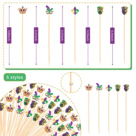 100Pcs Mardi Gras Cocktail Picks Carnival Masquerade Decor Long Toothpicks Fruit Sticks Skewers Topper for Appetizer Charcuterie Food Sandwich Cupcake Mardi Gras Decorations Themed Party Supplies
