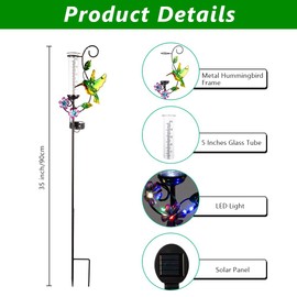 HOBYLUBY Hummingbird Rain Gauge with 5 Inch Glass Tube, Solar Rain Gauge with LED Lights Rain Water Gauge Decor for Patio, Garden Yard, Measuring Precipitation