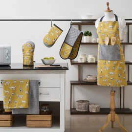 Penguin Home Apron,Chef Quality, Thokka Print,Colour - Mustard,Grey & Black,Plain woven contrast color pocket,Recycled cotton, Eco Friendly & Sustainable, Adjustable Neck Strap, Size - 70x80 cm