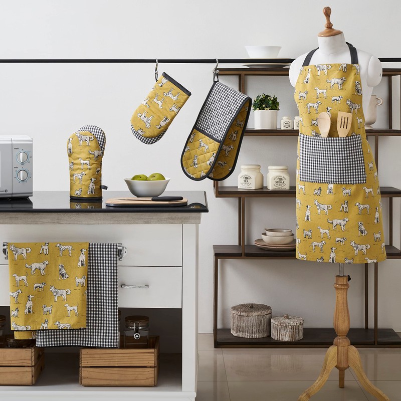 Penguin Home Apron,Chef Quality, Thokka Print,Colour - Mustard,Grey & Black,Plain