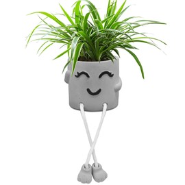 Uguisu 1 Piece Gray Cute Smiley Cement Planter, Small Plant Pot, Indoor Succulent Pot, Fun Planter with Hanging Feet for Living Room, Office, Desk and Bathroom Shelf Decor (Plants Not Included).