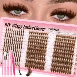 Brown Lash Clusters Kit 50D & Spikes Dark Brown Eyelash Clusters 8-18mm, 300Pcs Individual Wispy Fluffy Lashes D Curly Cluster Eyelash Extensions with Bond and Seal Tweezers Brush for Beginner