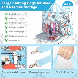 Yarn Storage Organizer Travel Crochet Bag, Large Capacity Tote Bag Knitting Bag for Carrying Projects, Knitting Needles, Crochet Hooks and Yarn, Cute Blue Cat