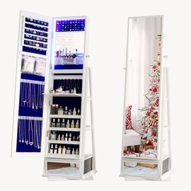 ChicFurnit Jewelry Armoire, 360° Rotating Jewelry Cabinet with Full Length Mirror & Rear Storage Rack, 3-in-1 Floor-Standing Makeup Organizer Cabinet with 3 Color Lights & Bottom Drawer, White