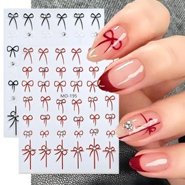 Bow Nail Art Stickers Decals 5D Embossed Self Adhesive Nail Decals Black Red Bow Nail Stickers for Nail Art with Rhinestone Nail Design Valentine's Day Nail Stickers for Women