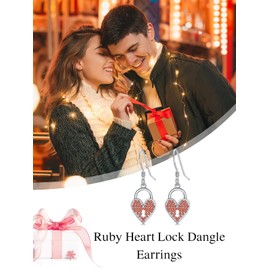 Earship Ruby Heart Lock Earrings 925 Sterling Silver Heart Dangle Earrings for Women Red Heart Earrings Valentines Earrings Ruby Jewelry Valentines Day Gifts for Women Wife Girlfriend Her