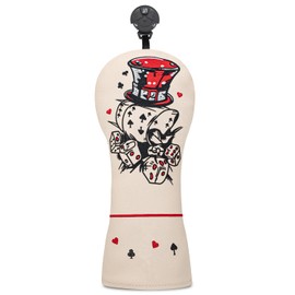 Hybrid Headcover, Golf Head Covers, Beige Leather Golf Club Covers with Poker & Dice Print, Stylish Golf Accessories for Women, Practical Head Covers for Hybrid Golf Clubs for Men & Golf Club Set