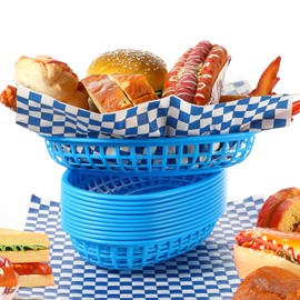 12 Pcs Fast Food Baskets with 60 Pcs Paper Liners Plastic Classic Food Storage Baskets for Lunch Dinner Serving Burger Chip Trays for Hot Dog Hamburger Bread Picnic(Blue)