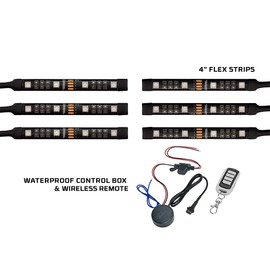 LEDGlow 6pc Advanced Million Color Mini LED Motorcycle Accent Underlow Light Kit - 15 Solid Colors - 6 Patterns - 4" Multi-Color Flexible Strips - Includes Waterproof Control Box & Wireless Remote